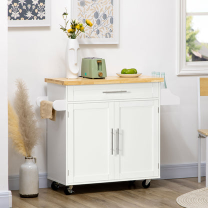 Rolling Kitchen Island with Wood Top and Spice Rack - White