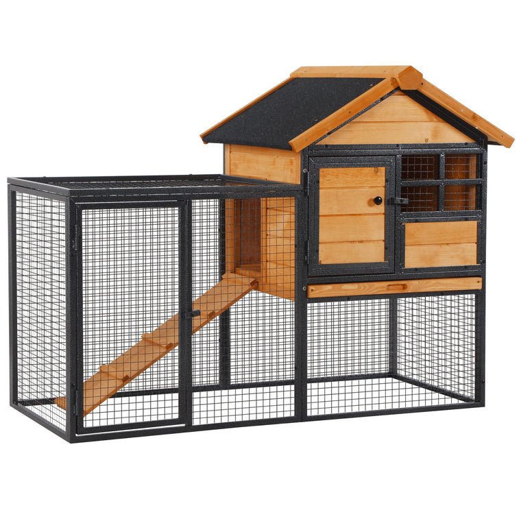 48"L Yellow Wooden Rabbit Hutch with Run & Asphalt Roof