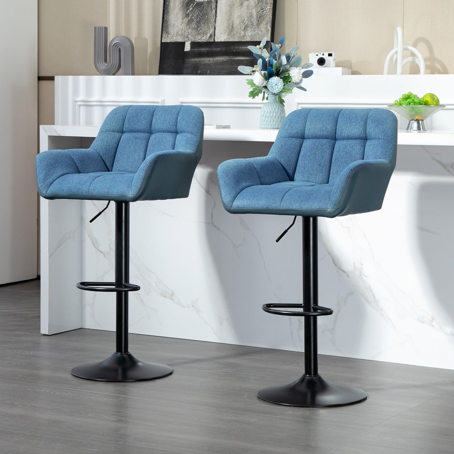 Swivel Barstools Set of 2 Adjustable Bar Stools with Footrest Armrests and PU Leather Back for Dining Room Dark Blue