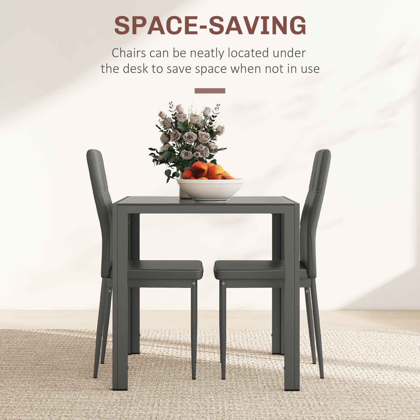 3-Piece Rectangular Glass Kitchen Table and Chairs with Metal Frame and Faux Leather Upholstery for Dining Room, Grey