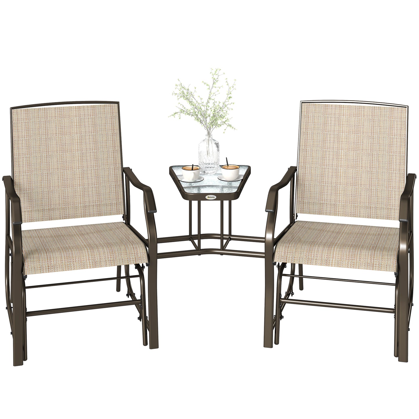 Double Patio Glider Chair with Glass Top Center Table, Outdoor Glider Loveseat with High Back, All Weather Breathable Mesh Fabric for Garden, Backyard, Deck, Light Brown