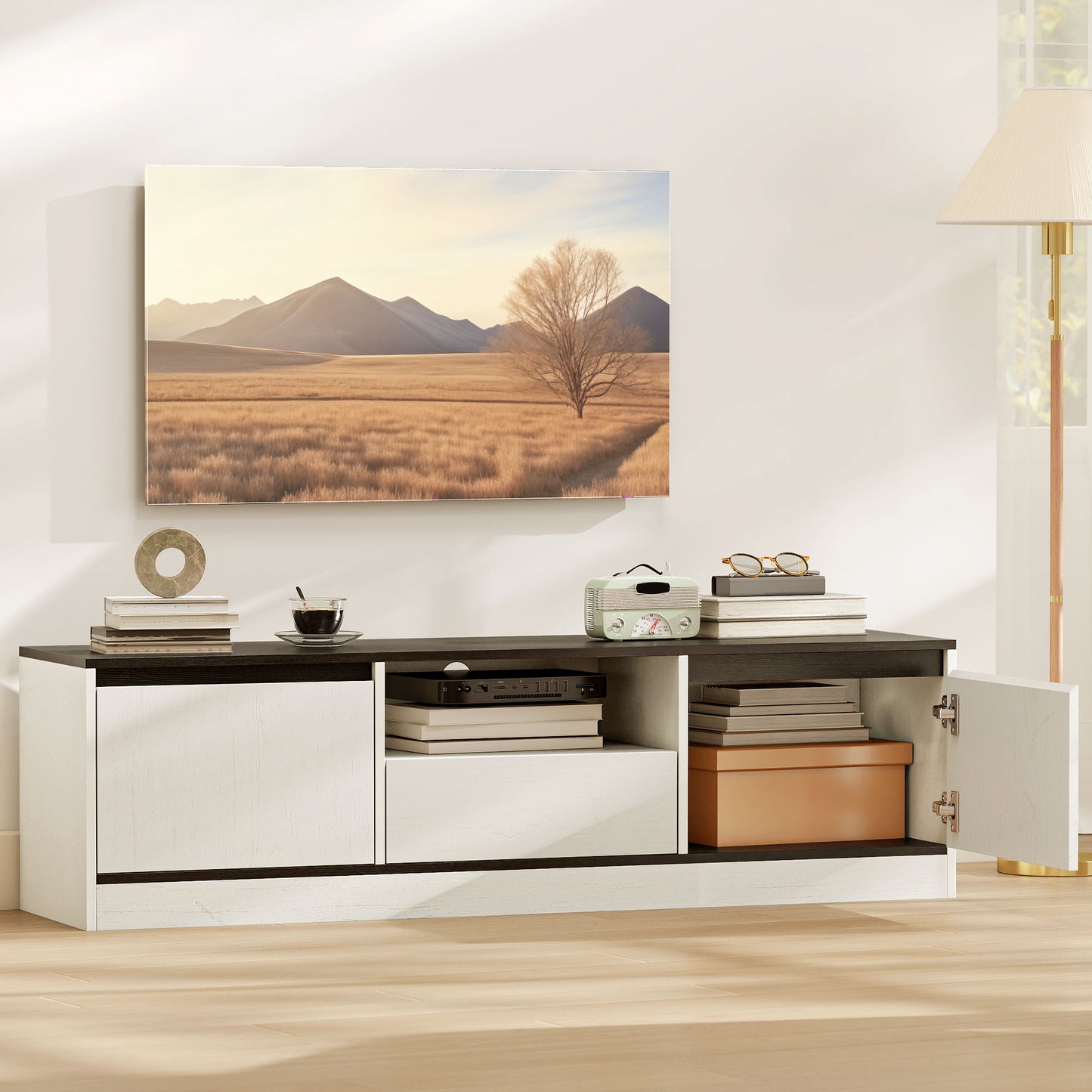 TV Stand for 55-60 Inch TV, Entertainment Center w/ Cabinets, Shelf, Drawer and Cable Management for Living Room, White