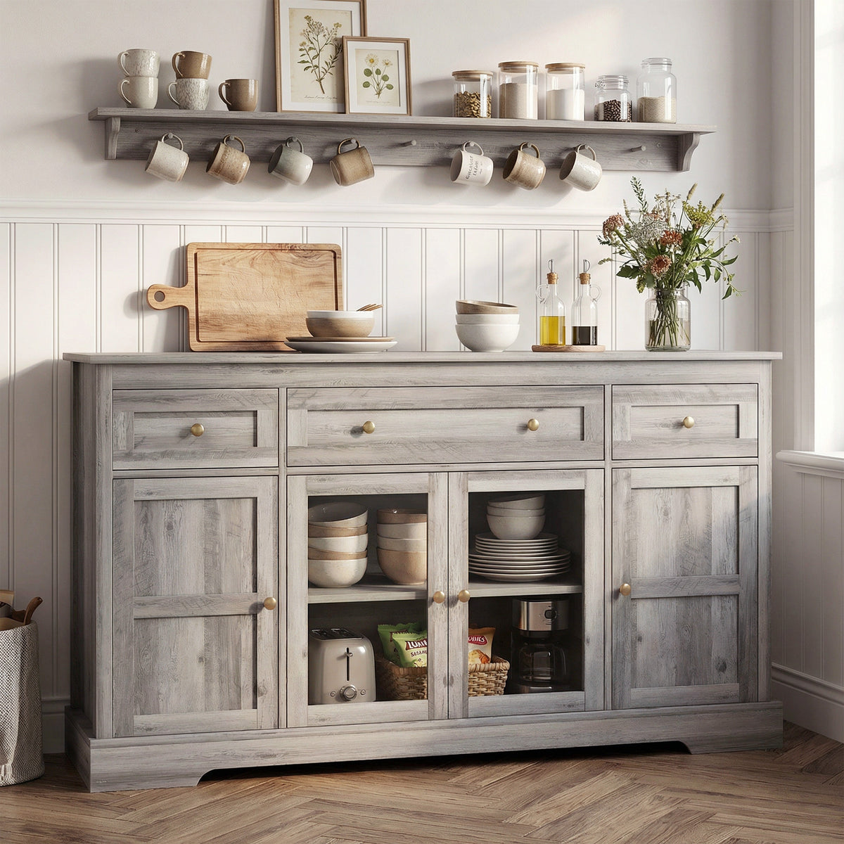 Dining Room Sideboard Buffet Cabinet with Storage, Coffee Bar Cabinet with Glass Doors and Adjustable Shelves, Weathered Grey Oak