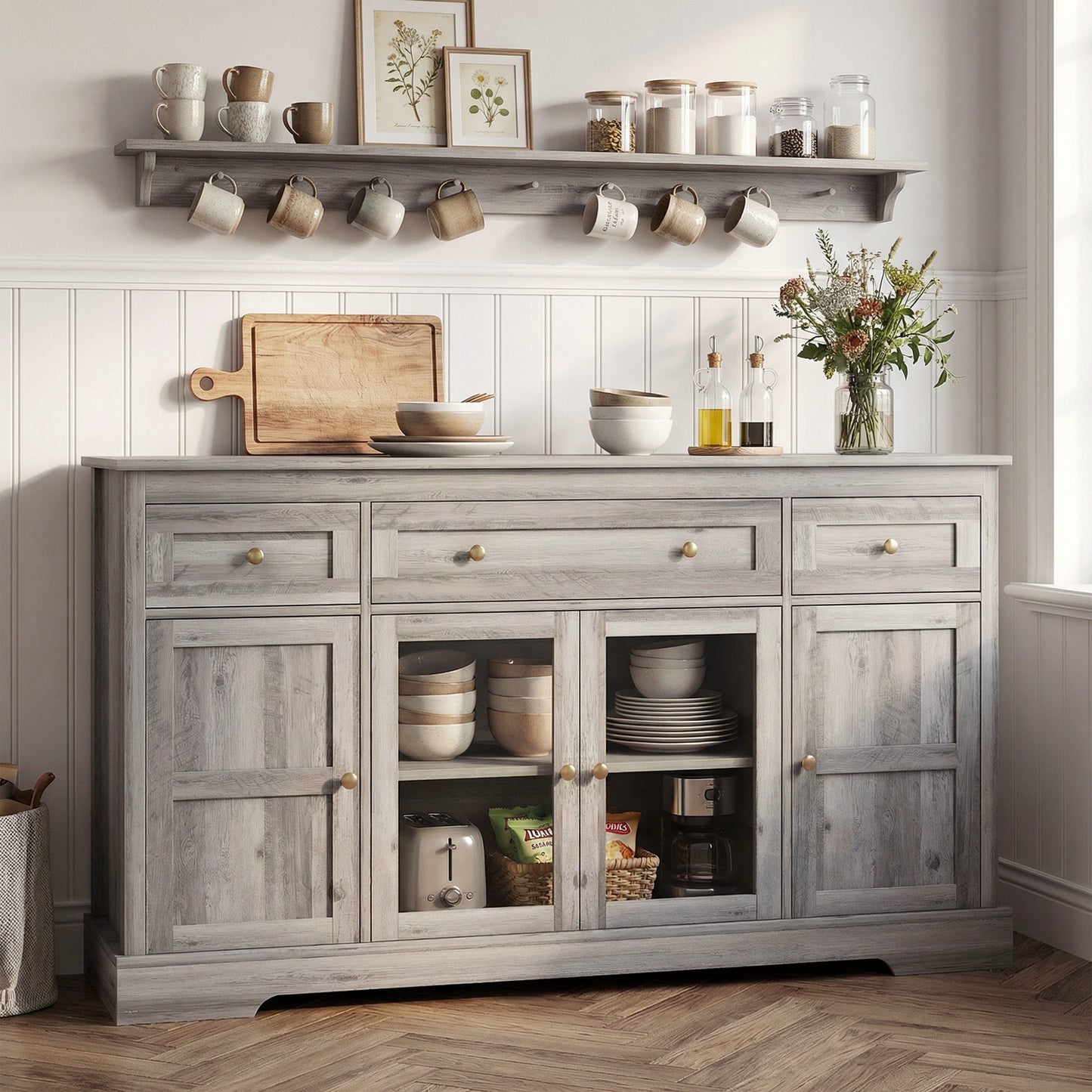 Dining Room Sideboard Buffet Cabinet with Storage, Coffee Bar Cabinet with Glass Doors and Adjustable Shelves, Weathered Grey Oak