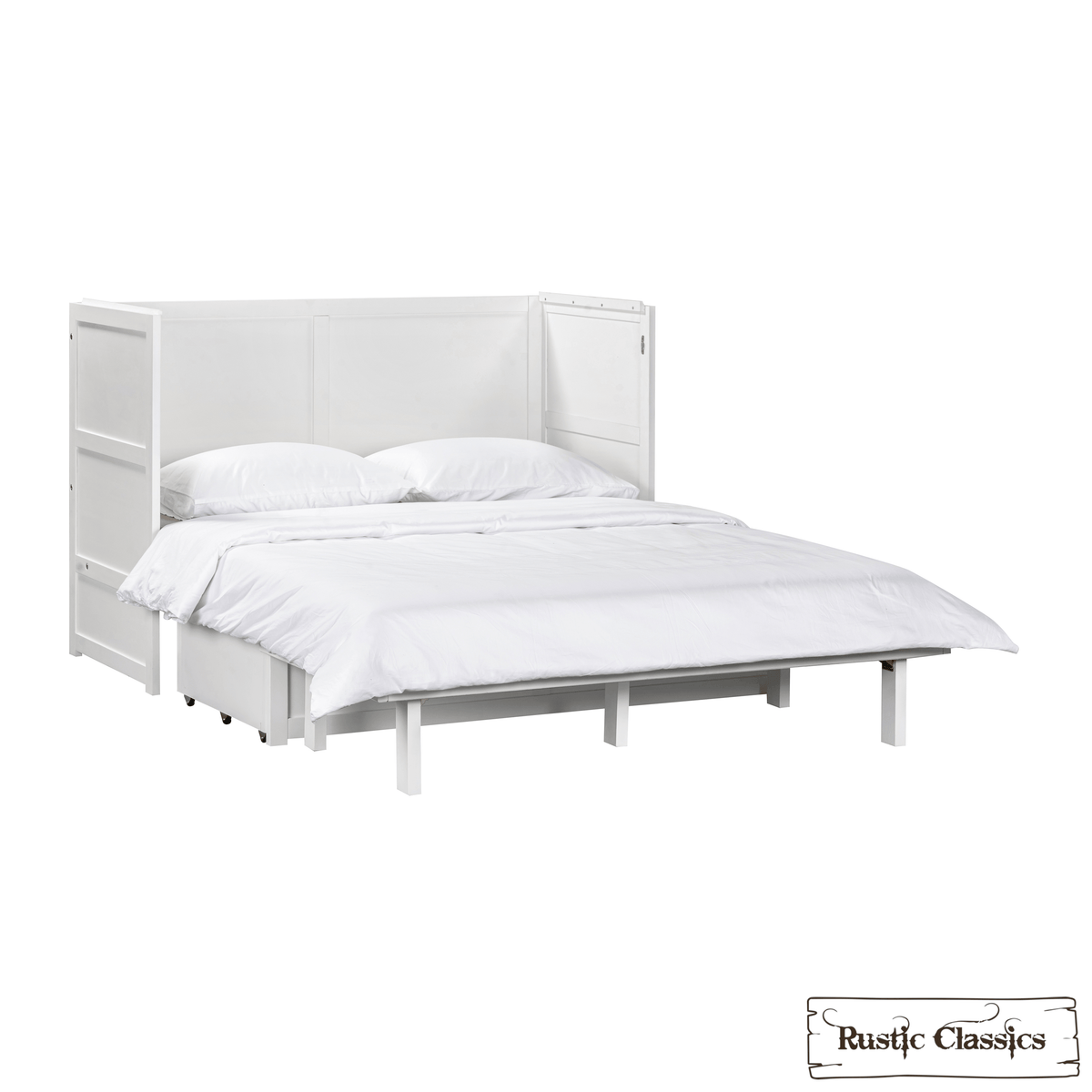Stow King cabinet bed in White, open with bedding, angled view
