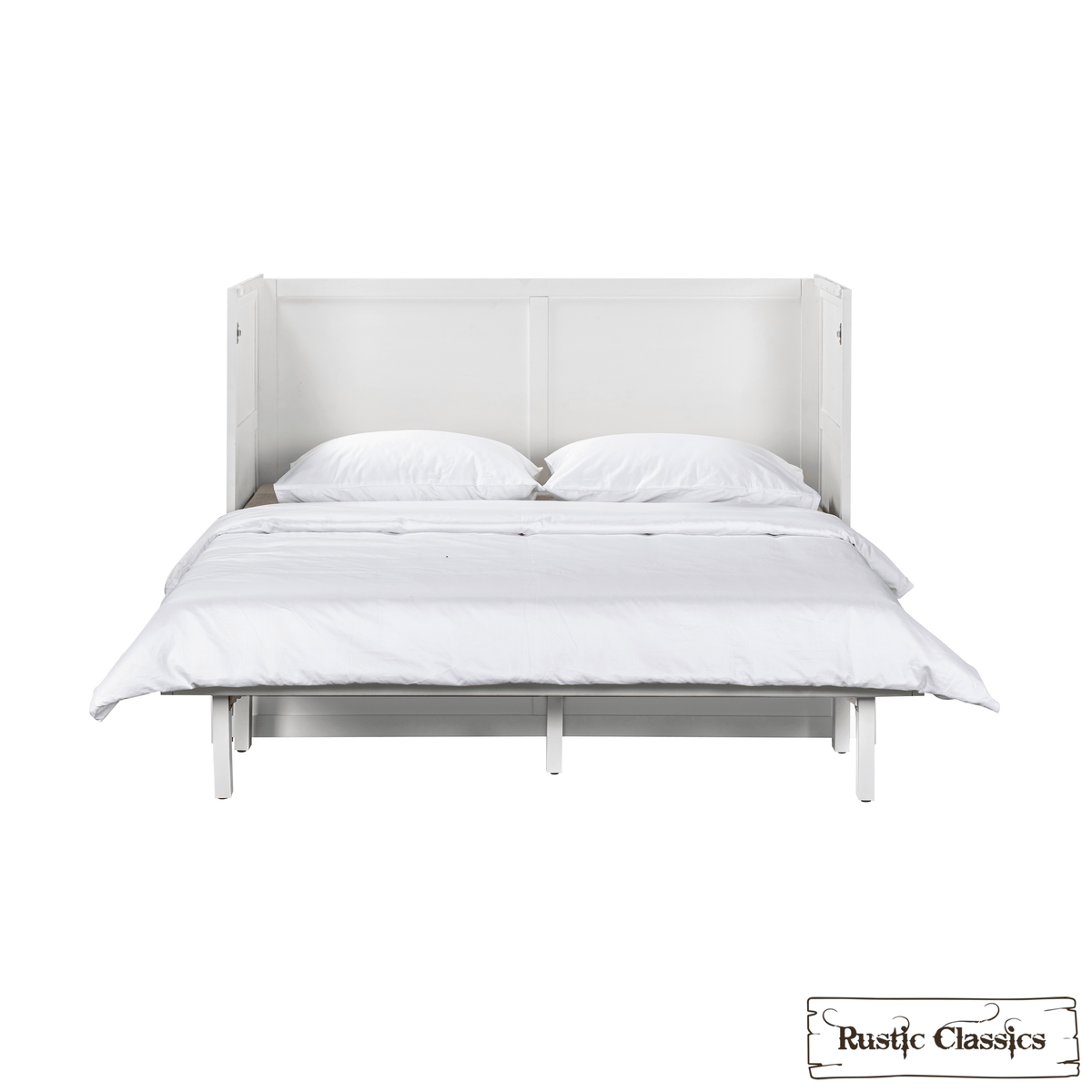 Stow King cabinet bed in White, open with bedding, front view