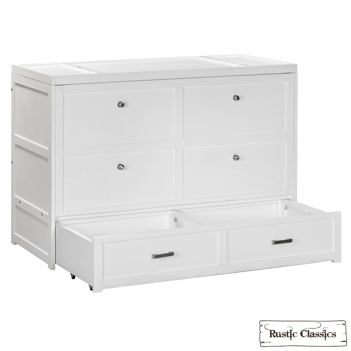 Stow King cabinet bed in White, front panel lowered