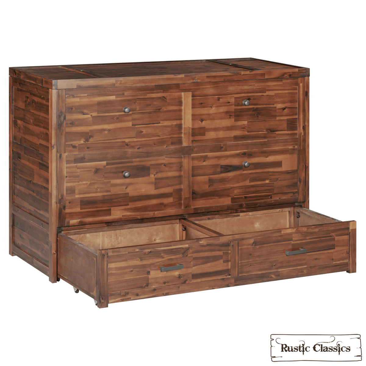 Stow King cabinet bed in Cherry, front panel lowered