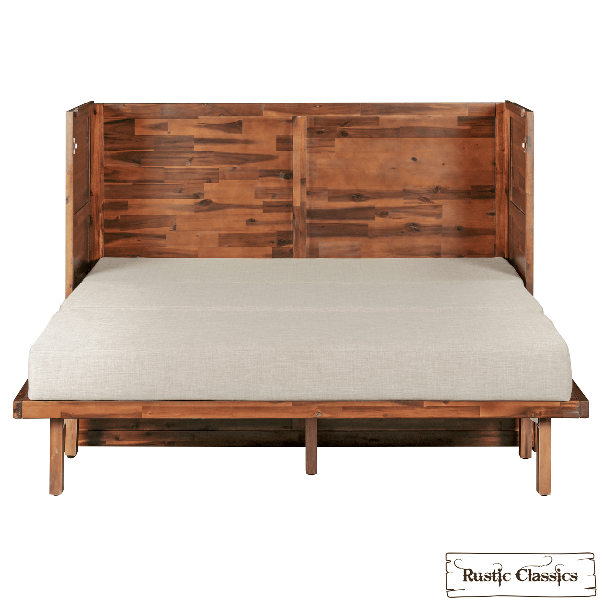 Stow King cabinet bed in Cherry, open with mattress