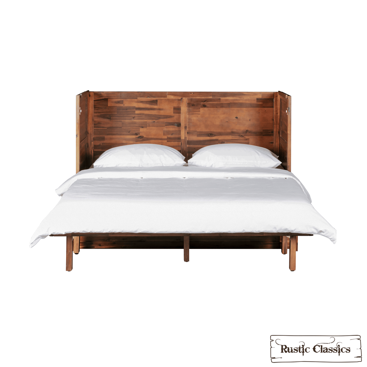 Stow King cabinet bed in Cherry, open with bedding, front view