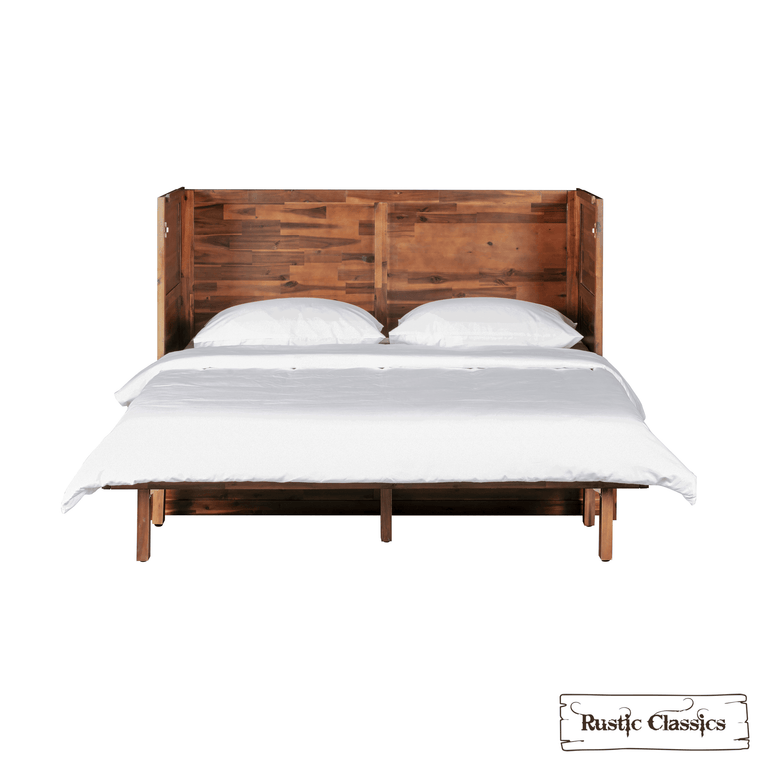 Stow King cabinet bed in Cherry, open with bedding, front view