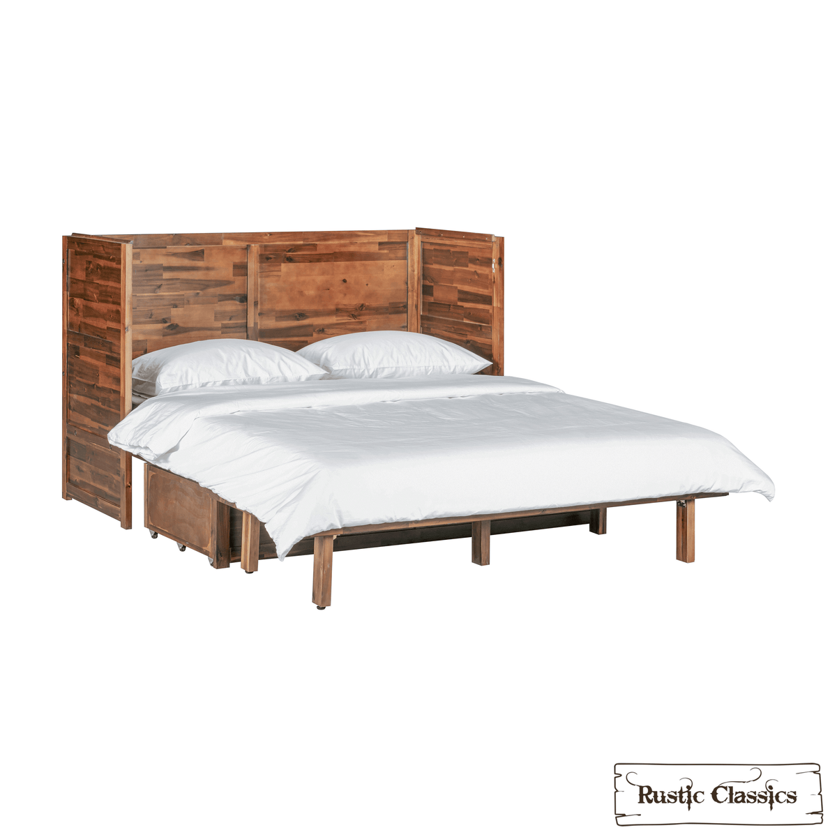 Stow King cabinet bed in Cherry, open with bedding, angled view