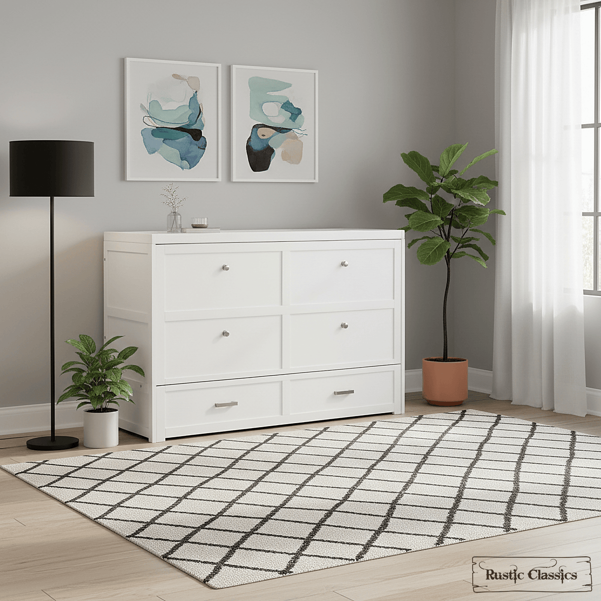 Stow King cabinet bed in White, closed in a bedroom