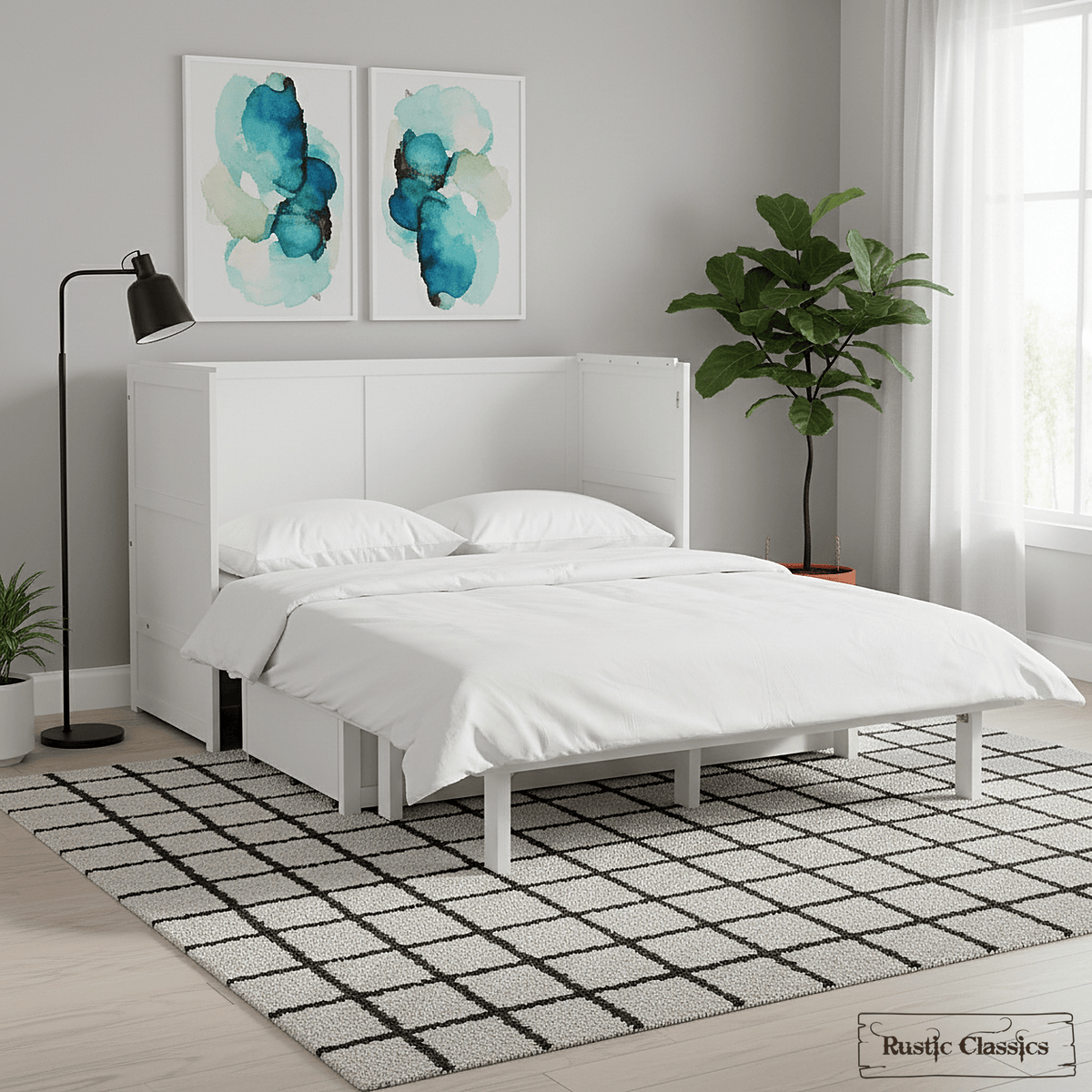 Stow King cabinet bed in White, open in a bedroom