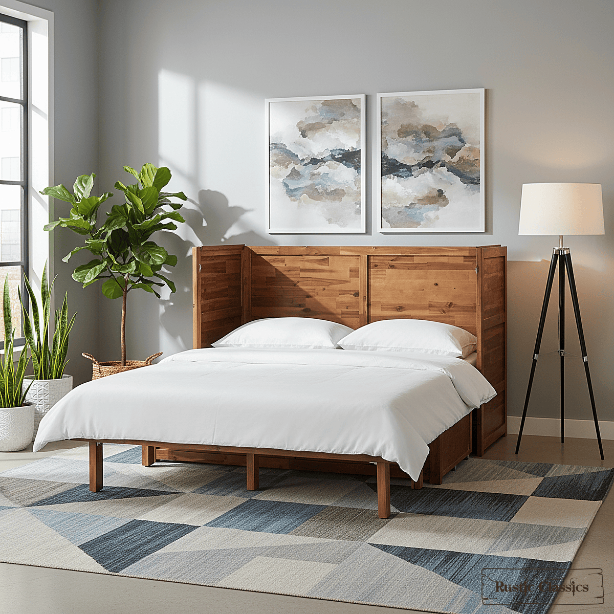 Stow King cabinet bed in Cherry, open in a bedroom