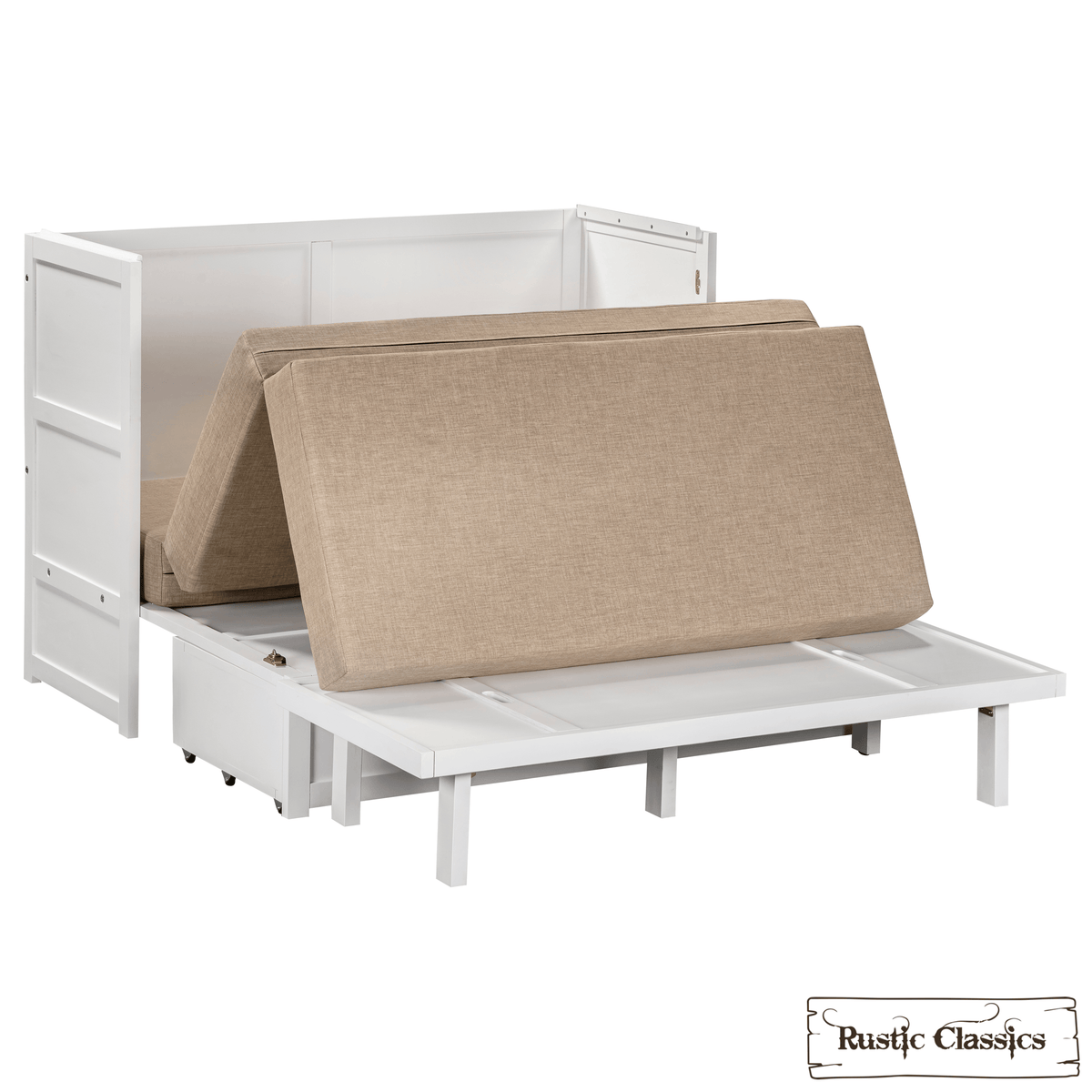 Stow Twin cabinet bed in White, mattress folded on the frame