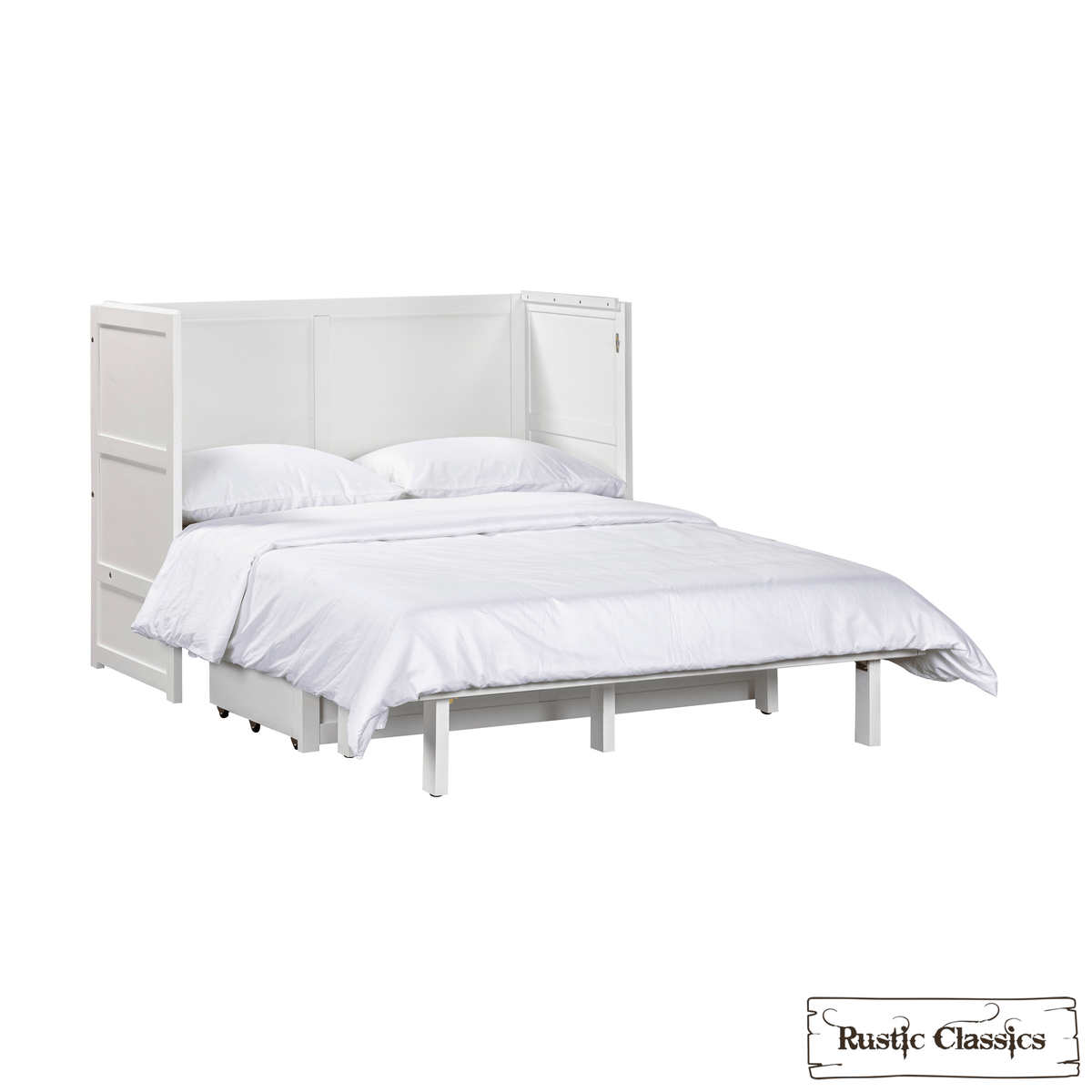 Stow Twin cabinet bed in White, open with bedding, angled view