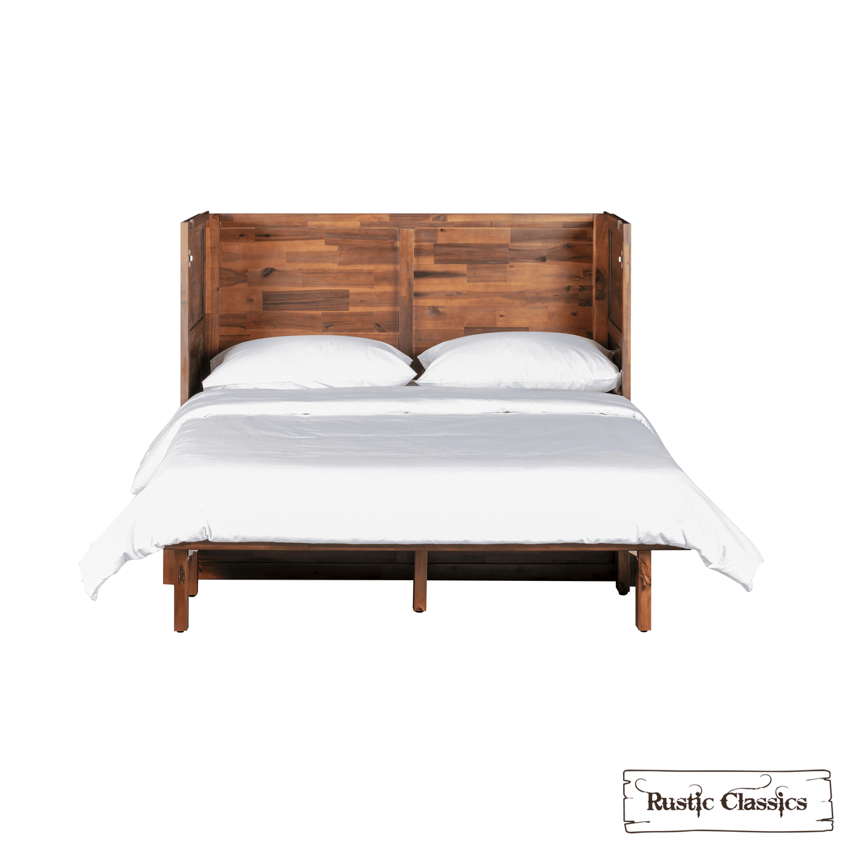 Stow Twin cabinet bed in Cherry, open with bedding, front view