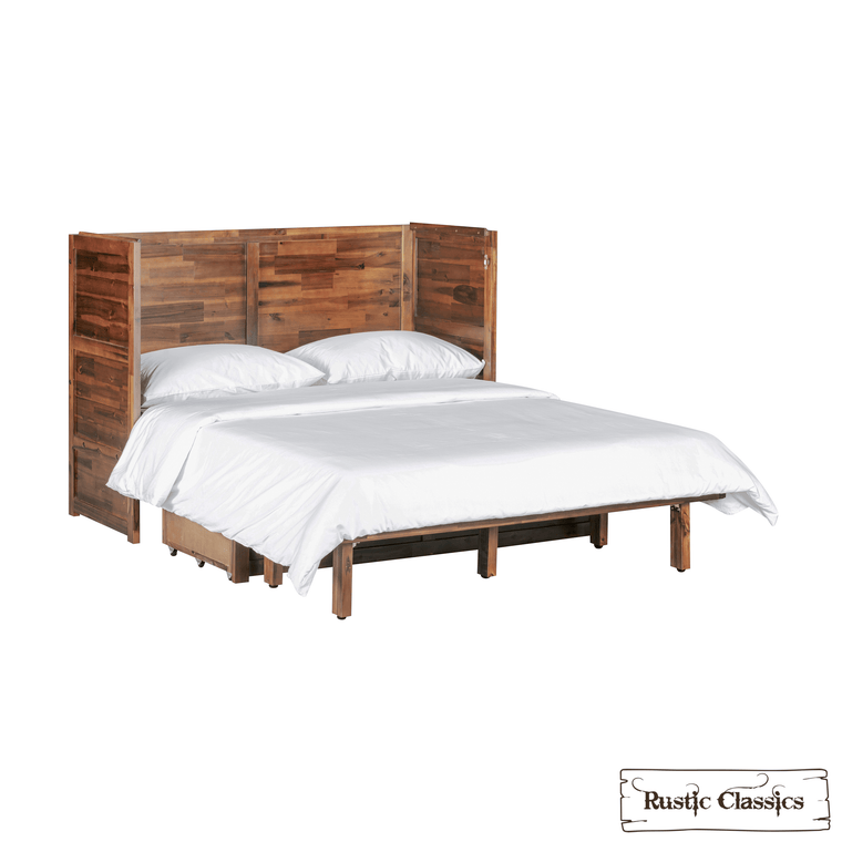 Stow Twin cabinet bed in Cherry, open with bedding, angled view