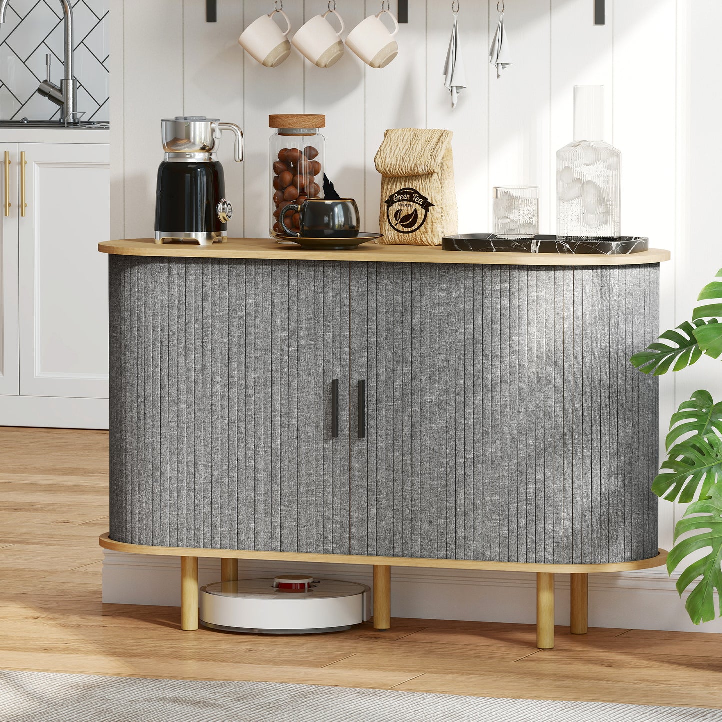 47" Buffet Cabinet with Tambour Sliding Doors, Fluted Sideboard with Storage Shelves and Wooden Legs, Grey