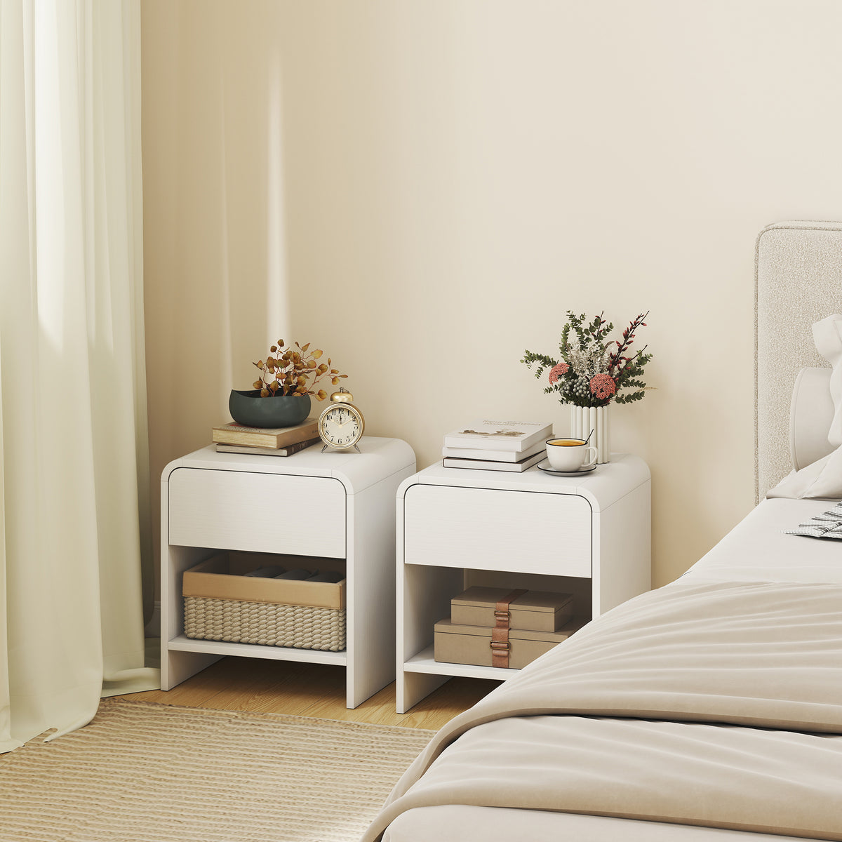 Nightstand Set of 2, Modern Bedside Table with Rounded Corners, Nightstand with Drawer and Open Shelf, Distressed White