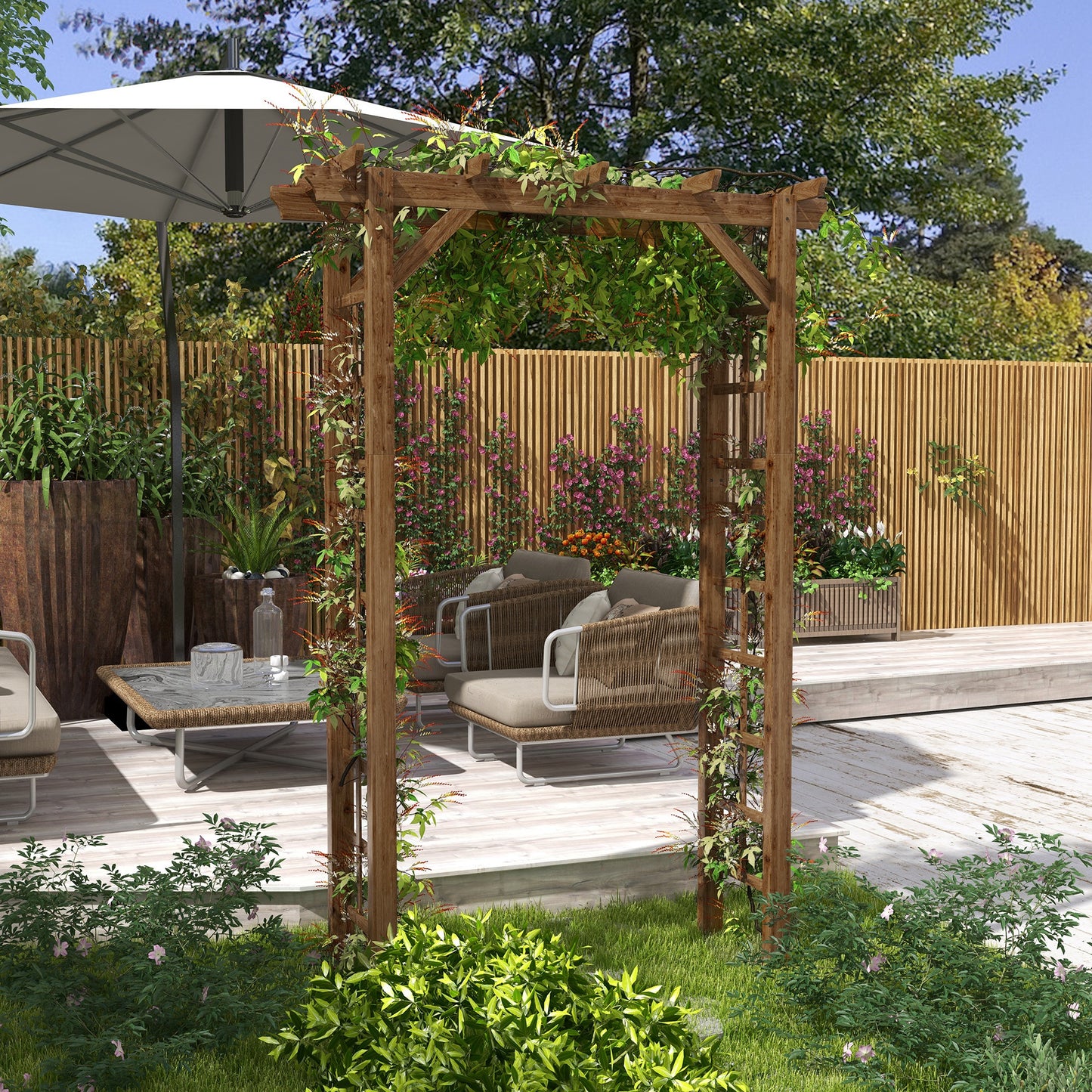 85" Wooden Outdoor Garden Arbour, Garden Arch Trellis for Climbing Vines for Wedding and Ceremony - Carbonized