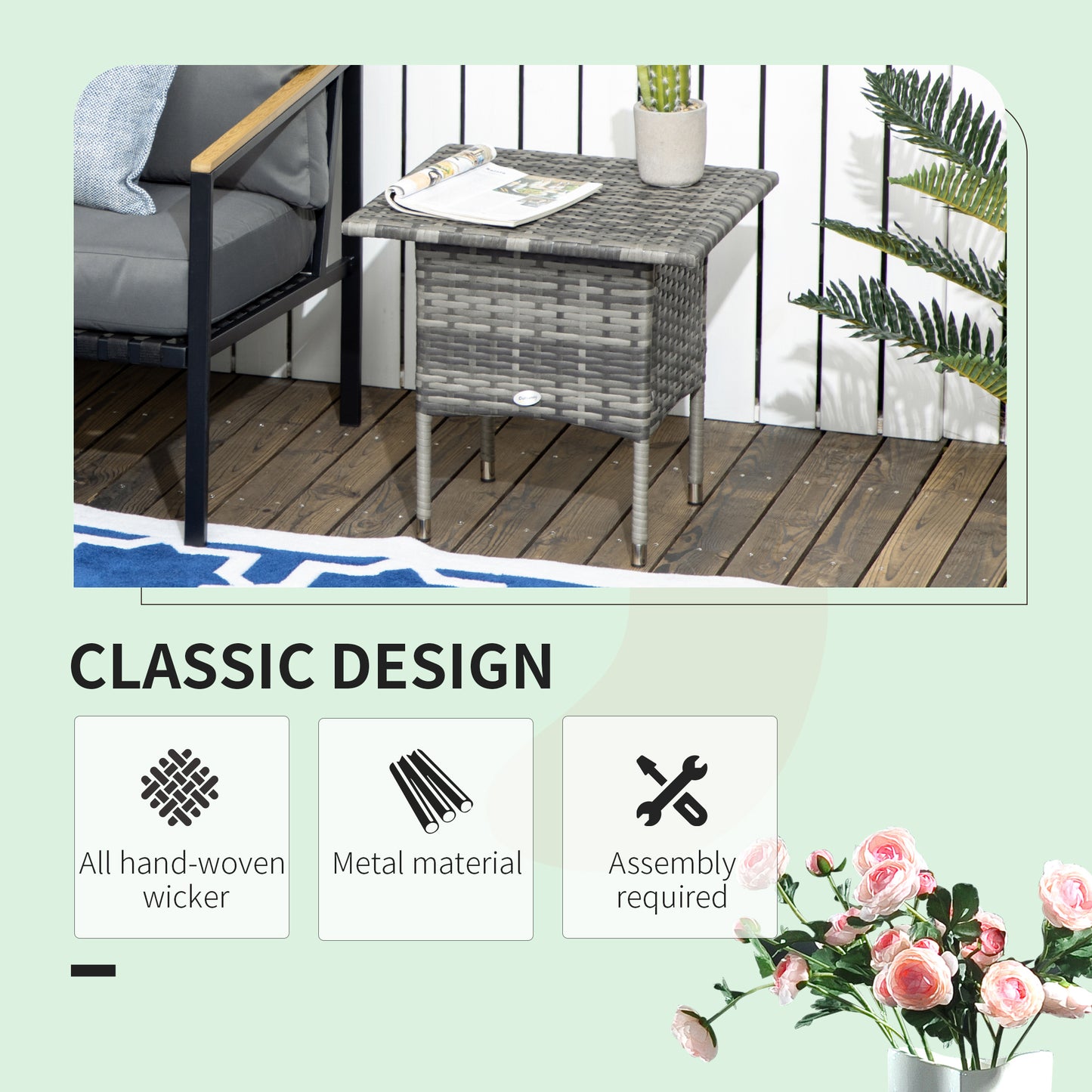 20" Patio Wicker Coffee Table, Outdoor Coffee Table with Plastic Board Underneath the Woven Tabletop for Patio, Garden, Balcony, Black