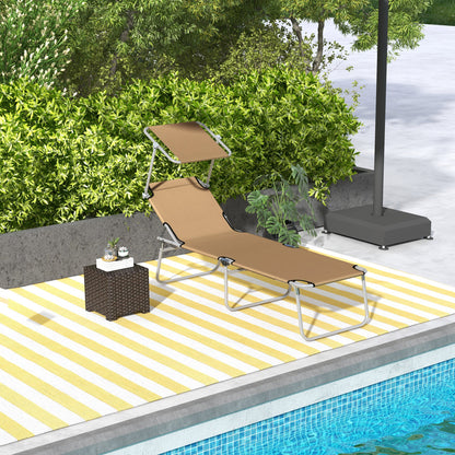 Adjustable Folding Chaise Lounge with Sun Shade - Brown