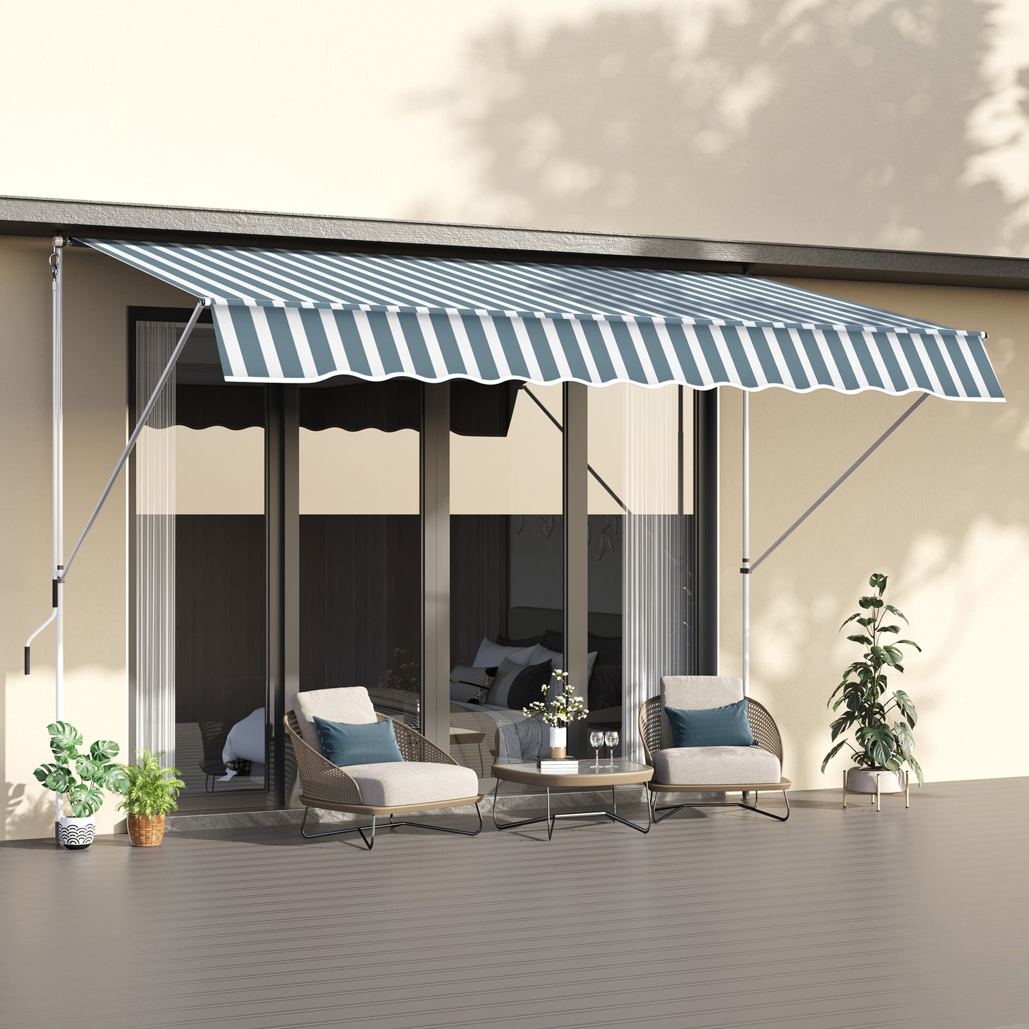 10x5ft Manual Retractable Awning, Patio Sun Shade Canopy Shelter with 5.6-9.2ft Support Pole, Water Resistant UV Protector, for Window, Door, Porch, Deck, Green