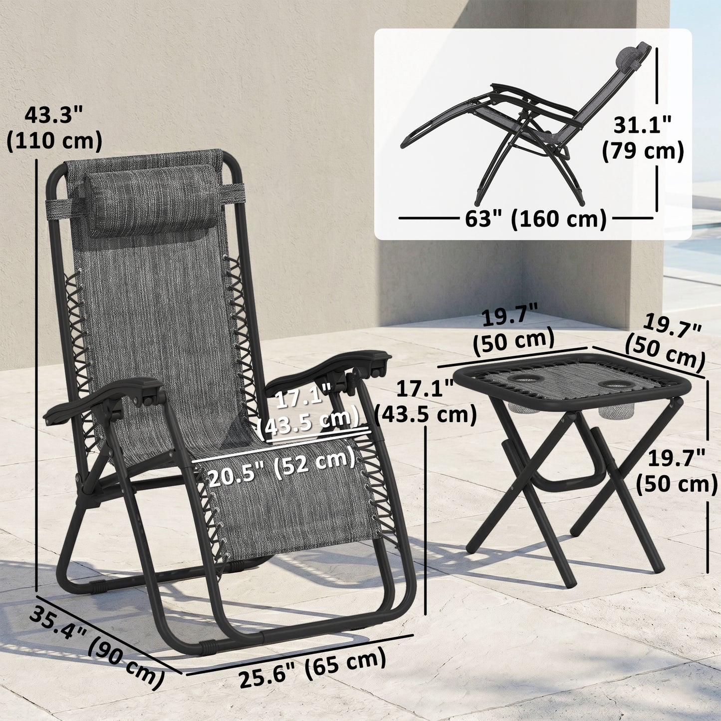 Zero Gravity Chair Set of 2 Patio Chair with Side Table Cupholders and Pillows for Pool, Backyard, Lawn, Blue