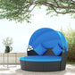 4 Pieces Outdoor Daybed with Retractable Canopy, Wicker Lounger Bed, Conversation Furniture Set, Dark Blue - Blue