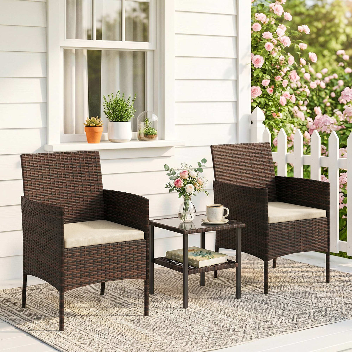 Wicker Bistro Set, 3 Piece Patio Furniture Set with 2-Tier Glass Top Table, Cushions for Balcony, Porch, Khaki