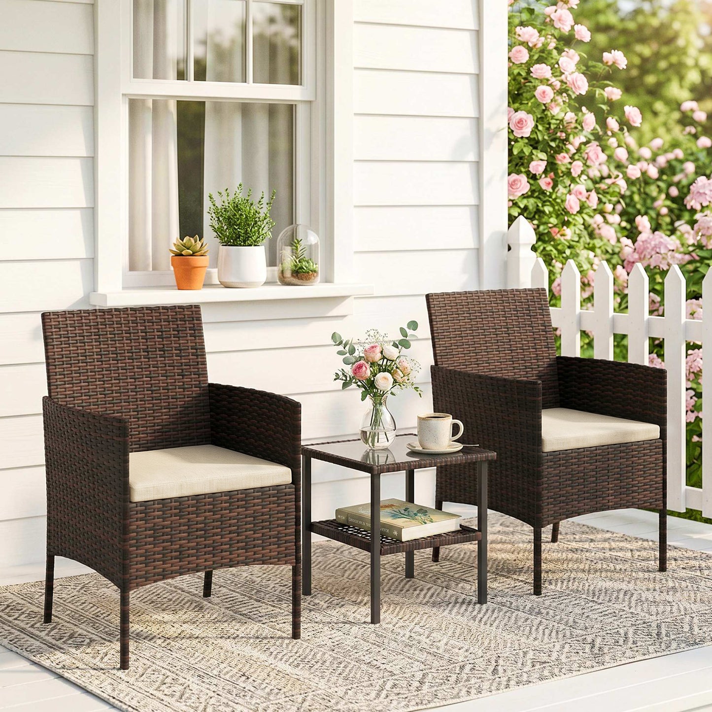Wicker Bistro Set, 3 Piece Patio Furniture Set with 2-Tier Glass Top Table, Cushions for Balcony, Porch, Khaki - Khaki