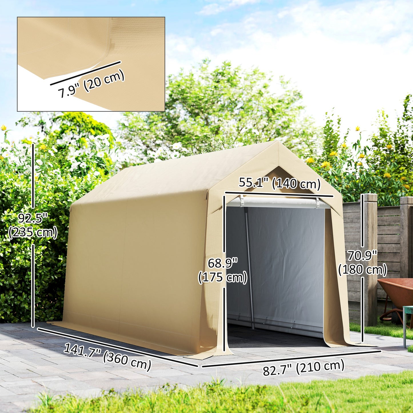 Outdoor Storage Shed Portable Garage with Roll-up Door for Motorcycle, Bike, Garden Tools, Beige