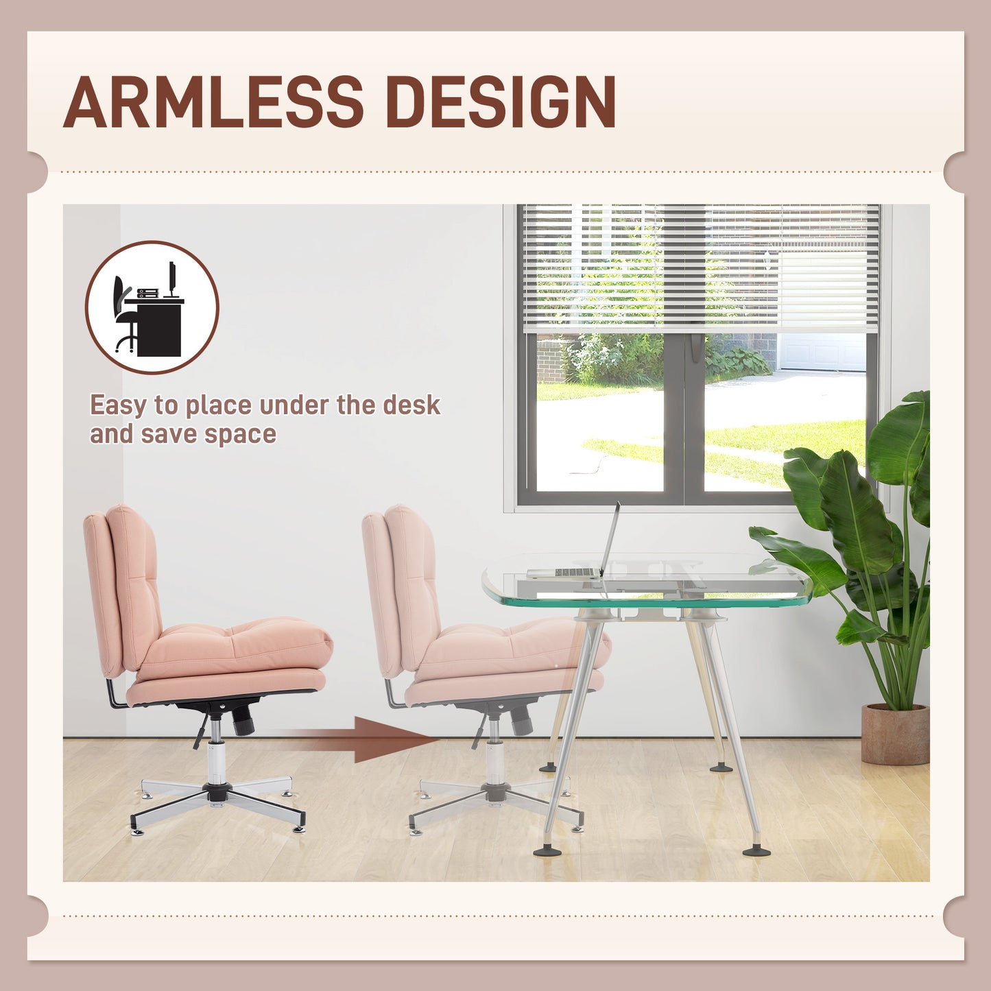 Armless Office Chair, Criss Cross Chair with Adjustable Height & Tilt Function for Home Office, Study, Pink
