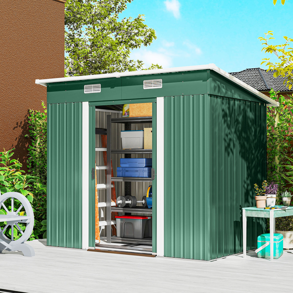 7' x 4' Metal Storage Shed, Lockable Tool Unit - Green