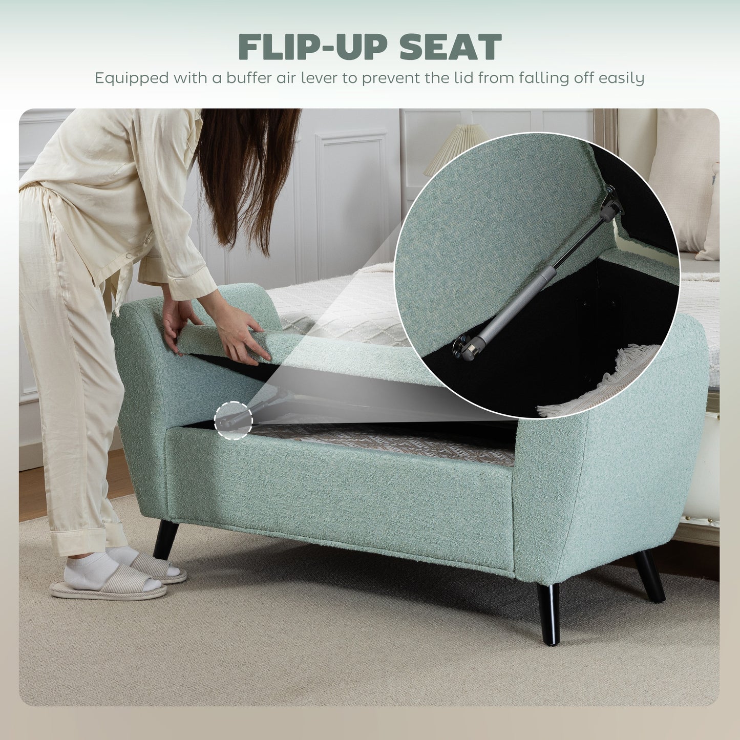 Upholstered Storage Bench with Arms, Modern Ottoman Bench for Bedroom, Entryway, and Living Room, Green