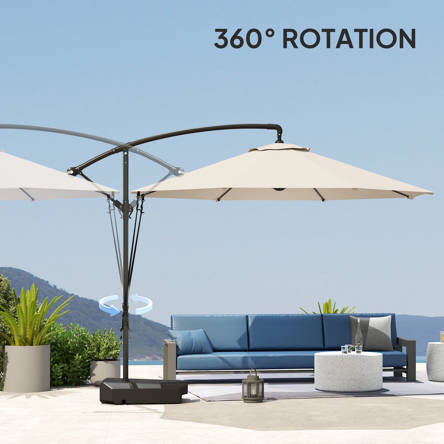 10FT Cantilever Umbrella with Fillable Base, Wind Strap and Cover, Offset Hanging Umbrella with Crank, Cream White