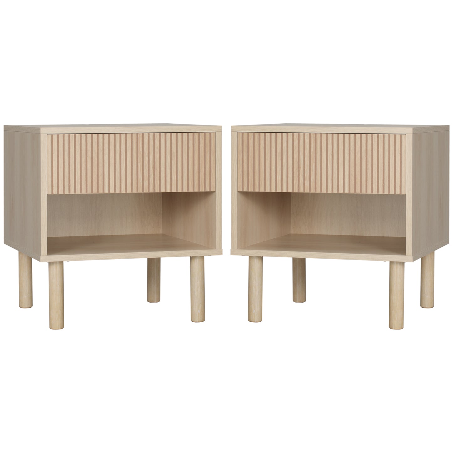 Set of 2 Bedroom Nightstands, Side Table with Storage Shelf and Drawer for Living Room, Bedroom, Natural Wood