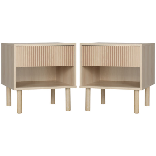 Nightstands Set of 2 with Drawer and Shelf - Natural Wood