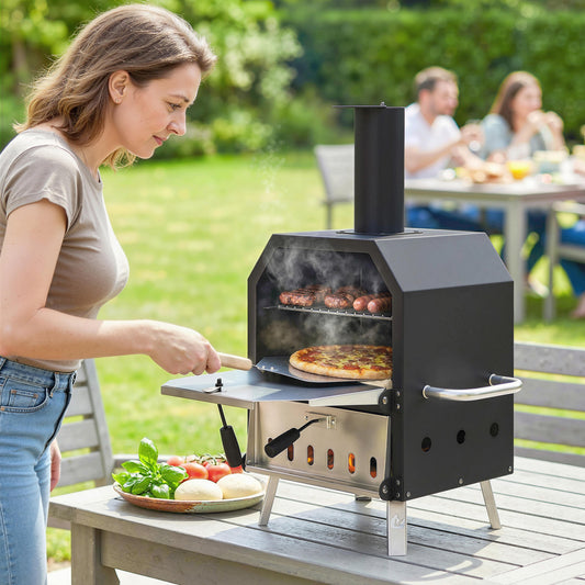 Outdoor Pizza Oven with 12" Pizza Stone, Peel, Wood Fired 2-Layer Stainless Steel Pizza Maker