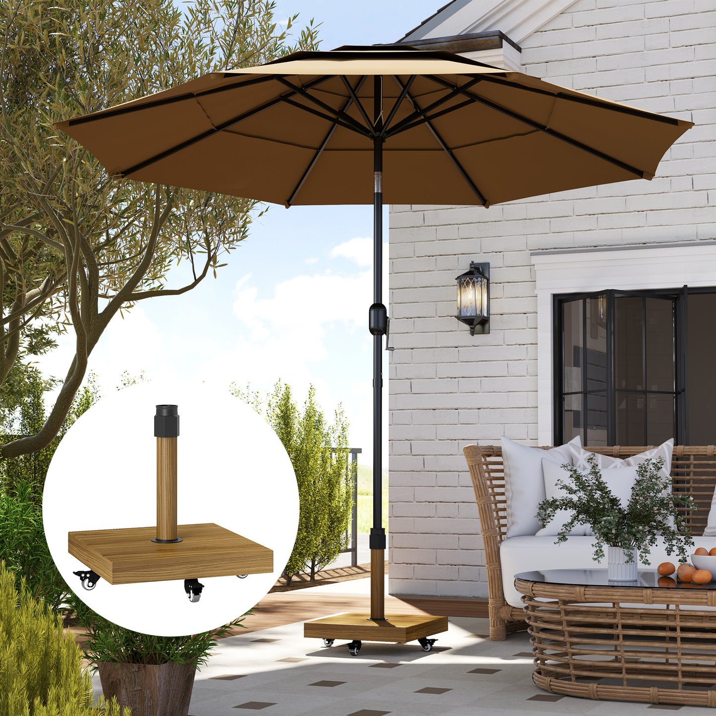 57 lbs Metal Square Patio Umbrella Base Holder, Outdoor Umbrella Stand with Wheels, Heavy Duty Patio Umbrella Stand Base for Garden, Poolside, Nature Wood