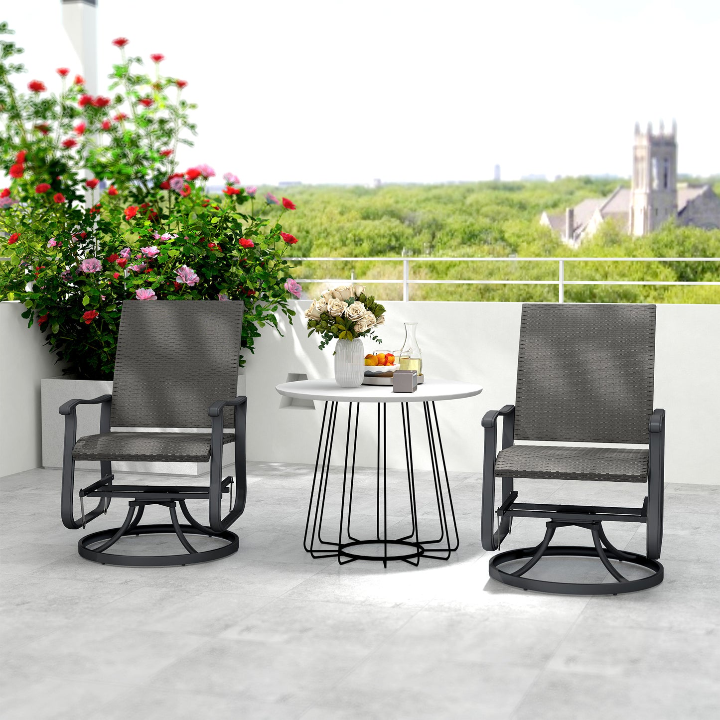 Set of 2 Rattan Patio Glider, Wicker Outdoor Glider Swivel Chair with Steel Frame, High Back for Backyard Porch, Grey