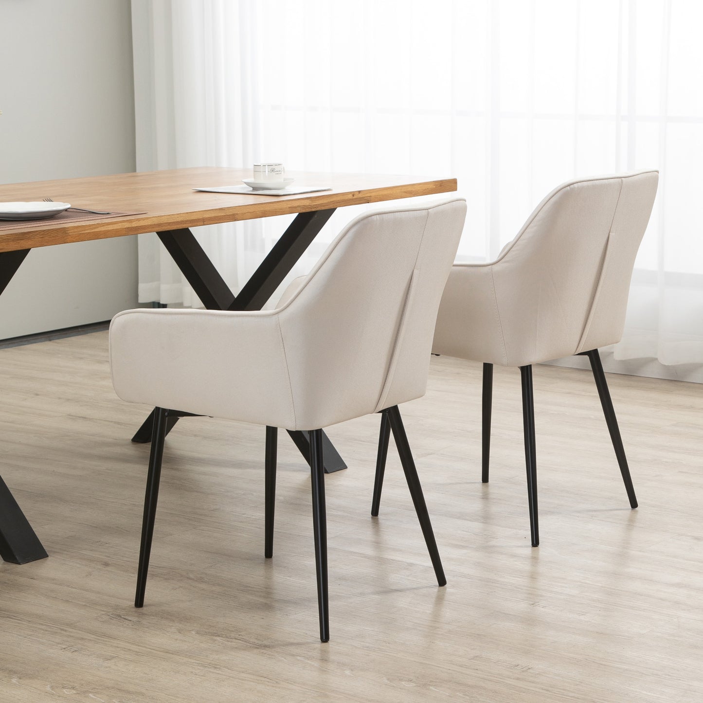 Dining Chairs Set of 2, Upholstered Linen Fabric Accent Chairs with Metal Legs, Beige