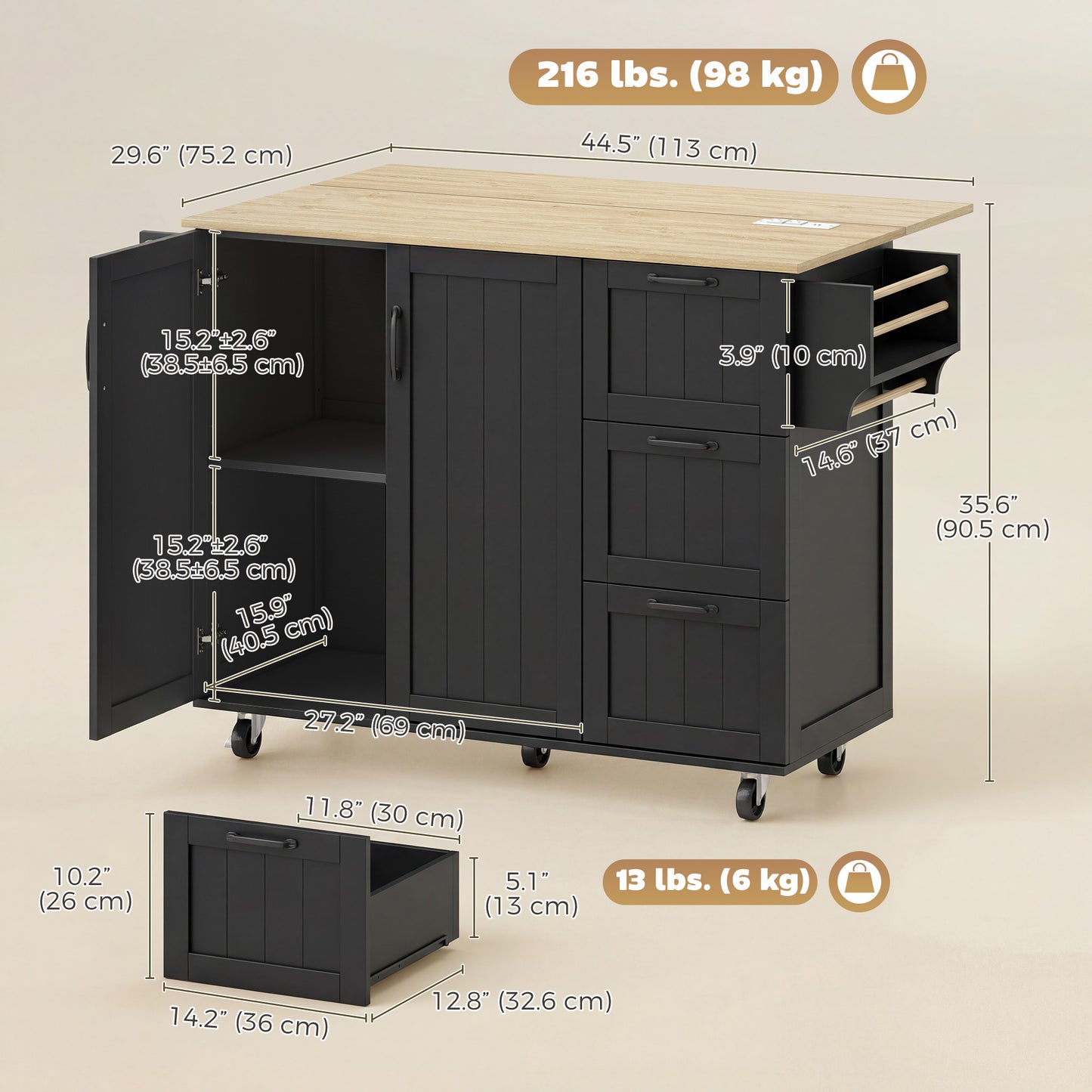 Kitchen Island with Drop Leaf, Rolling Kitchen Cart with Power Outlet, Cabinet, 3 Drawers, Spice Rack, Towel Bar, Black