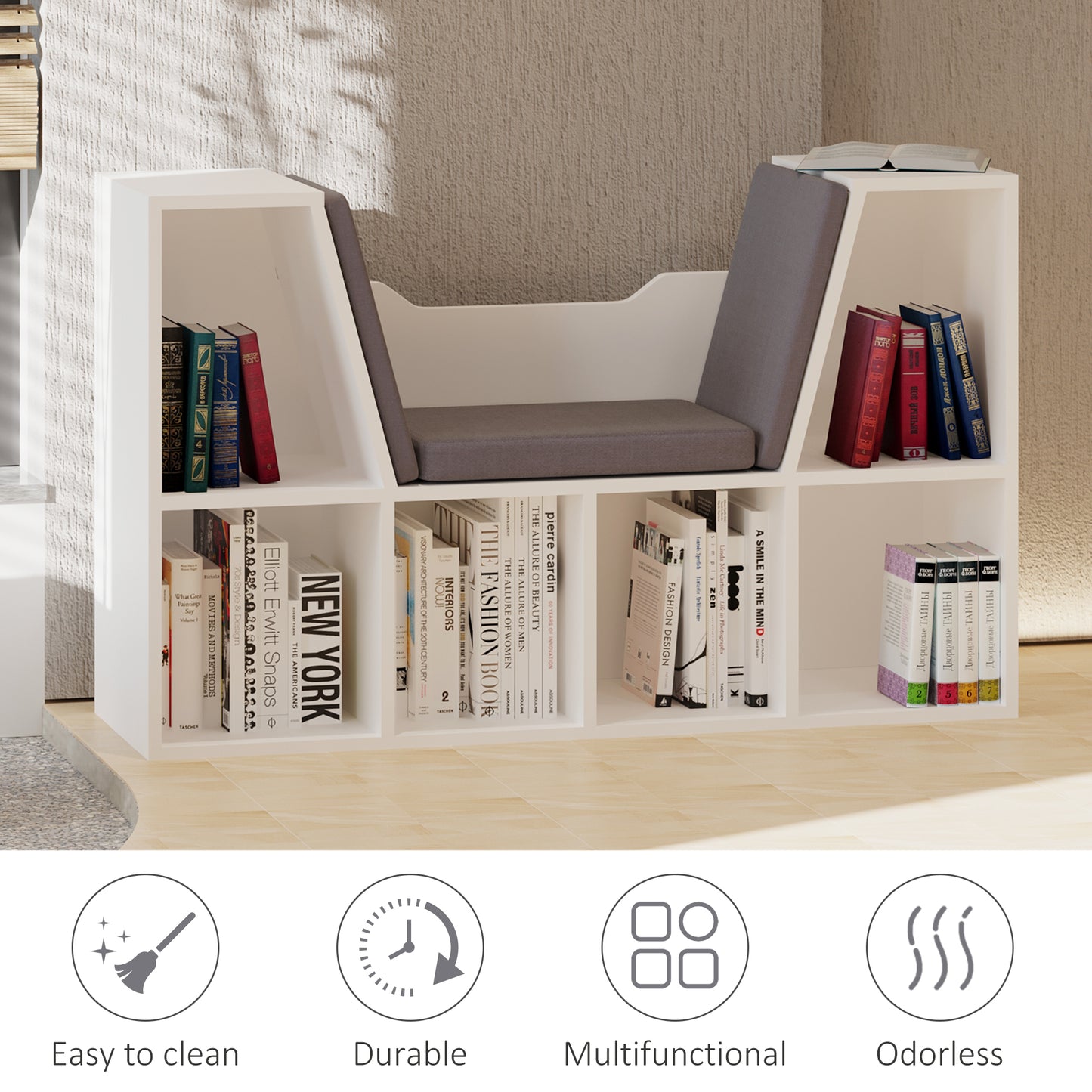 6-Cubby Bookcase with Seat Cushion, Cube Storage Shelf with Reading Nook for Home Office, Study, Grey