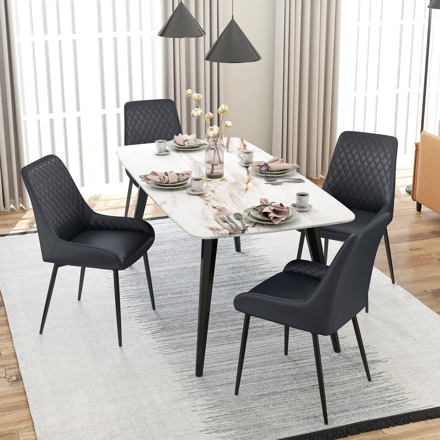 Upholstered Kitchen Chairs, Modern Dining Chairs Set of 2 with Diamond Tufting and Steel Legs for Dining Room, Black