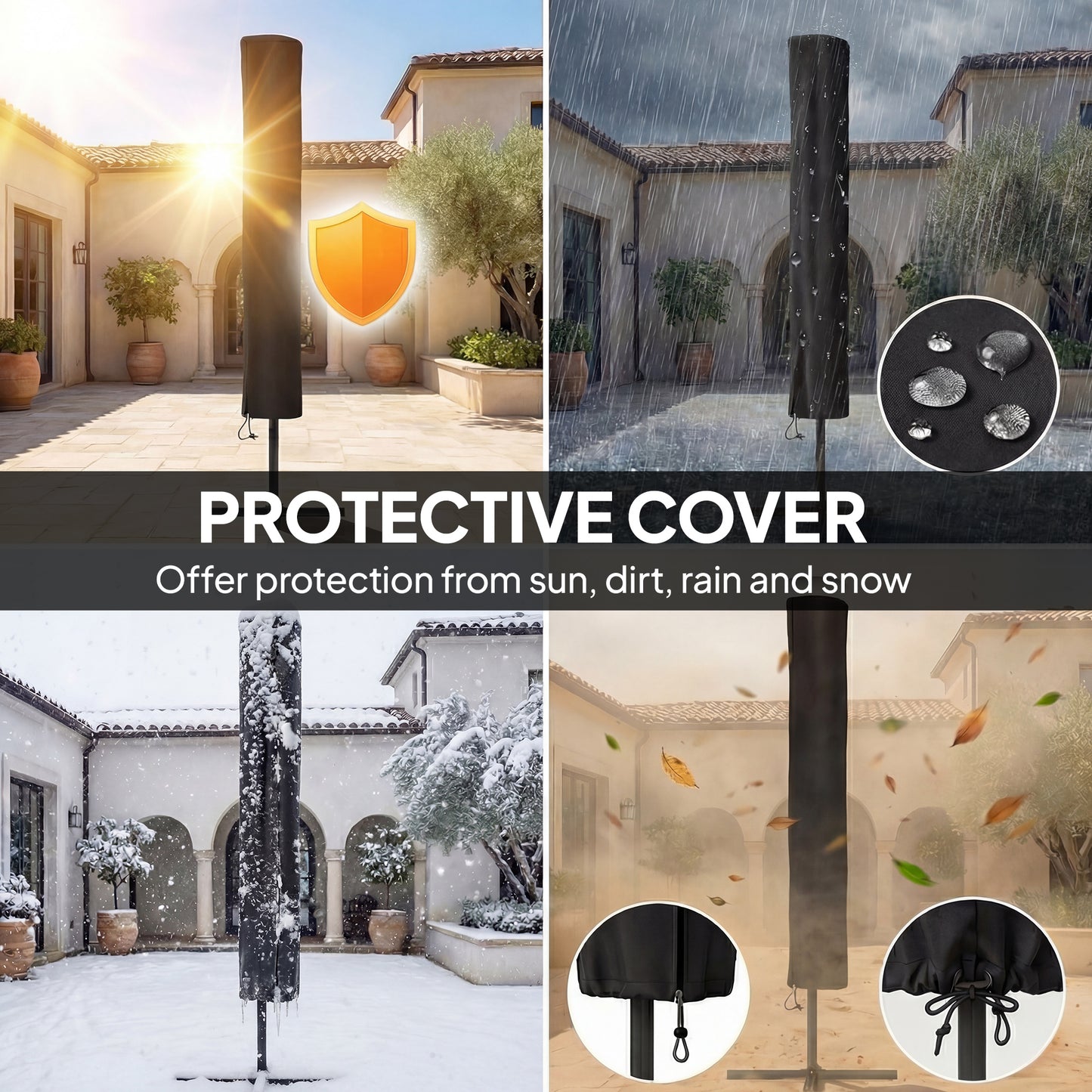 9.3' Grey Market Umbrella with Solar LED Lights & Tilt Crank