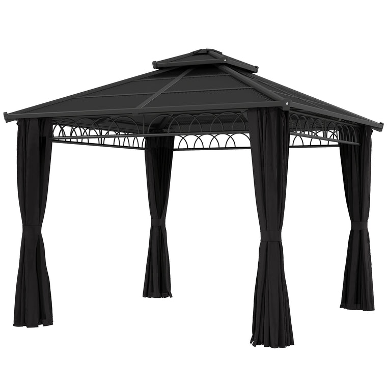 10' x 10' Black Hardtop Gazebo with Double PC Roof & Curtains