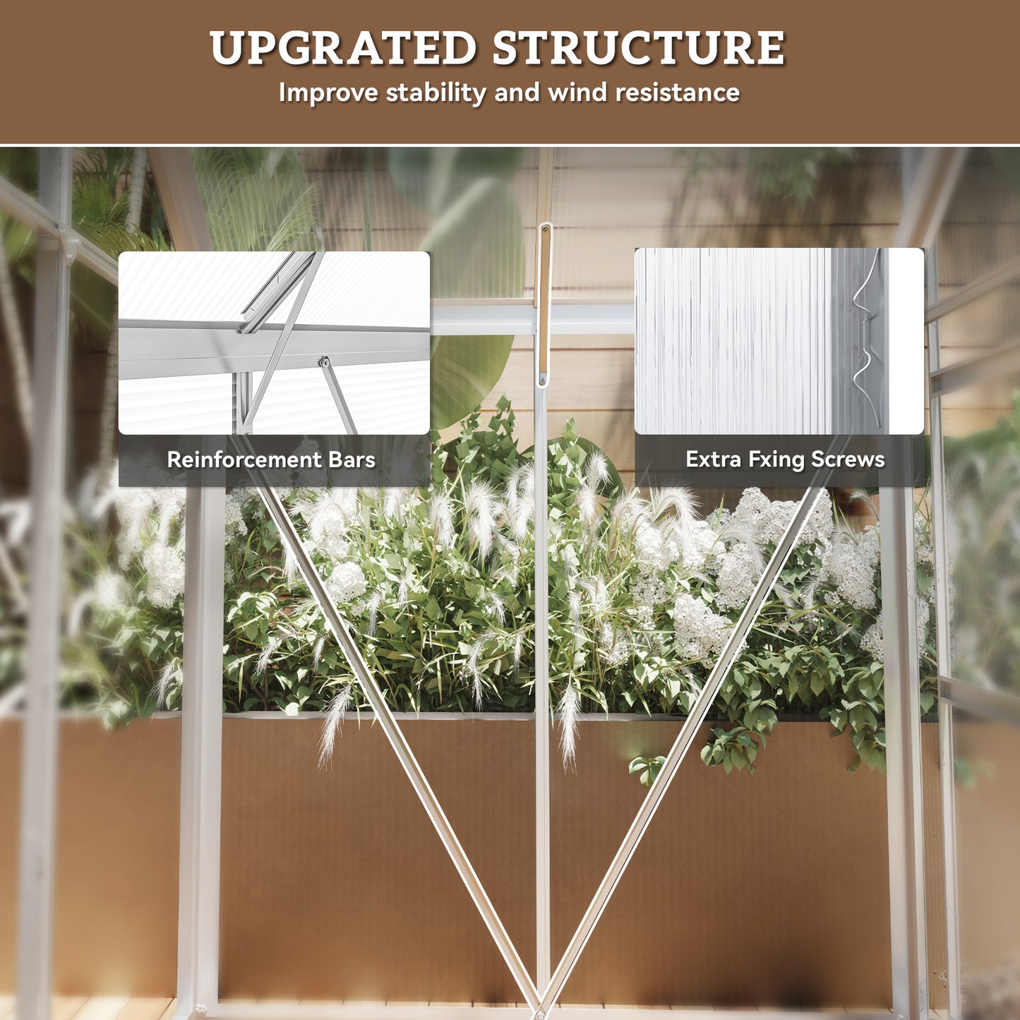 Walk-In Greenhouse, Polycarbonate Greenhouse with Sliding Door, Window, Aluminium Frame, Foundation, Silver